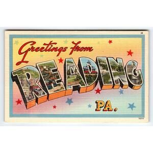 Vintage Large Letter Greetings from Reading PA Linen Postcard Berks County 1940s